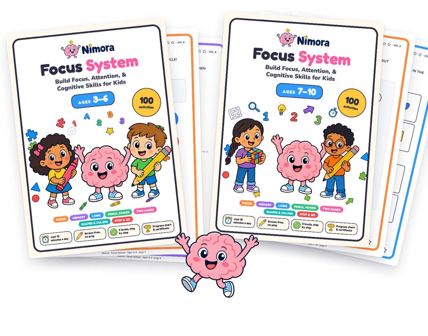 Nimora Focus System workbooks for ages 3–6 and 7–10
