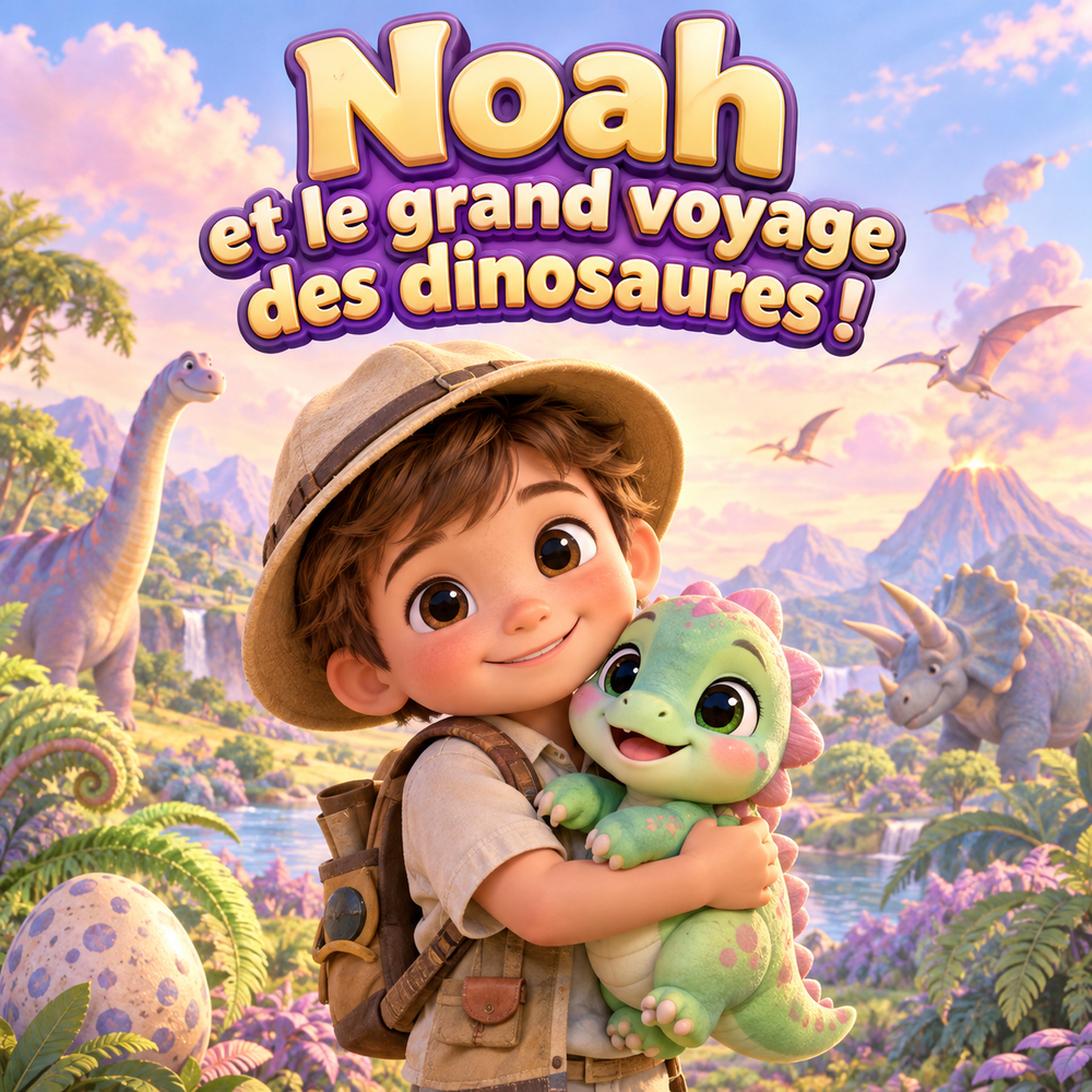 Couverture du livre personnalisé « Noah et le grand voyage des dinosaures ! » : un petit explorateur et un bébé dinosaure