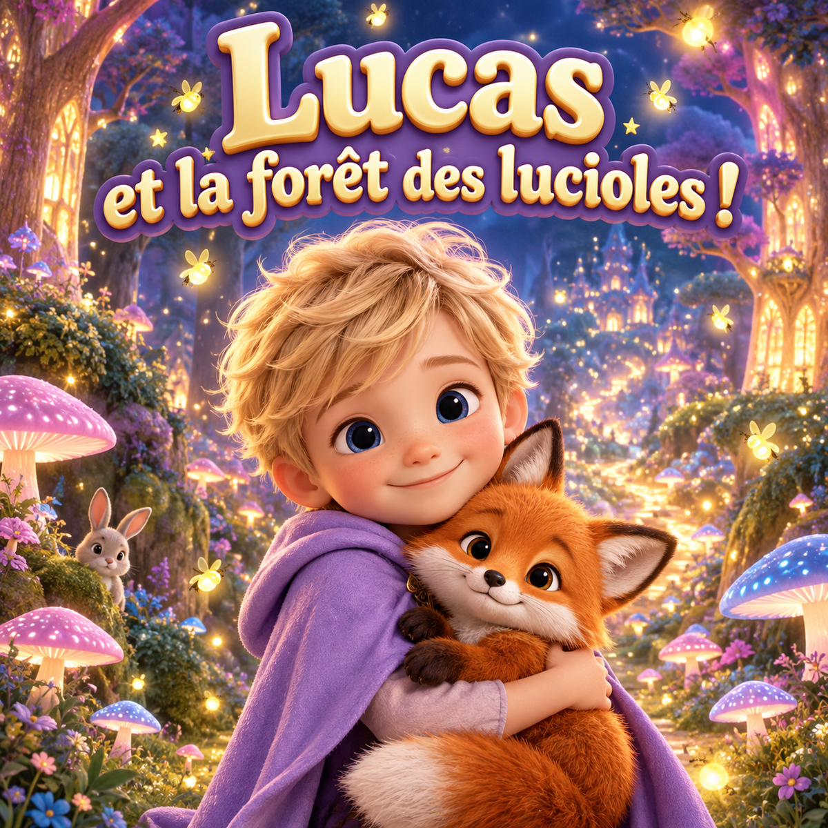 Couverture du livre personnalisé « Lucas et la forêt des lucioles ! » : un petit garçon et un renard dans une forêt enchantée