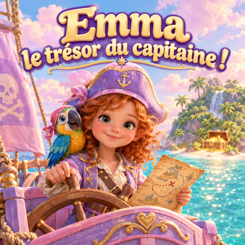 Couverture du livre personnalisé « Emma, le trésor du capitaine ! » : une petite pirate à la barre de son bateau