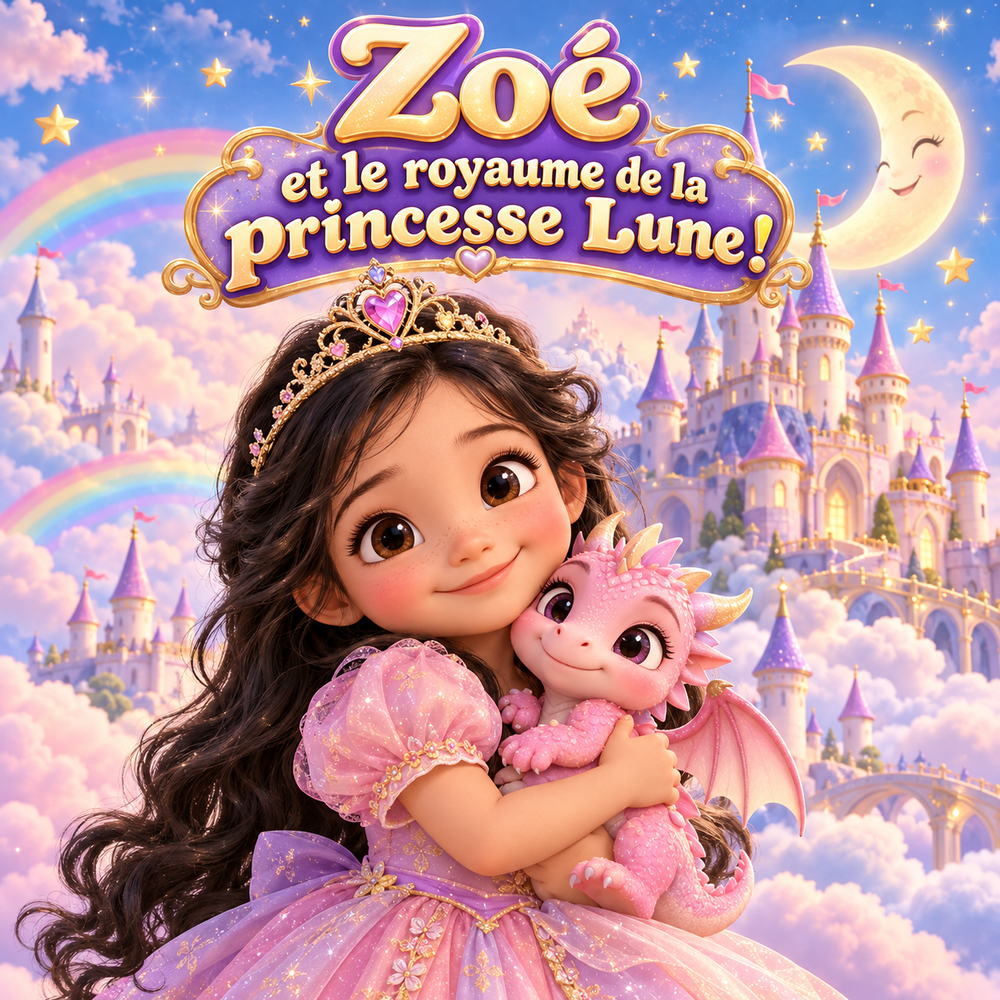 Couverture du livre personnalisé « Zoé et le royaume de la princesse Lune ! » : une petite princesse et un dragon rose devant un château