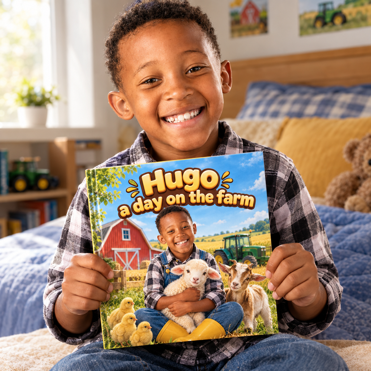 A child proudly holding their copy of “A Day on the Farm”