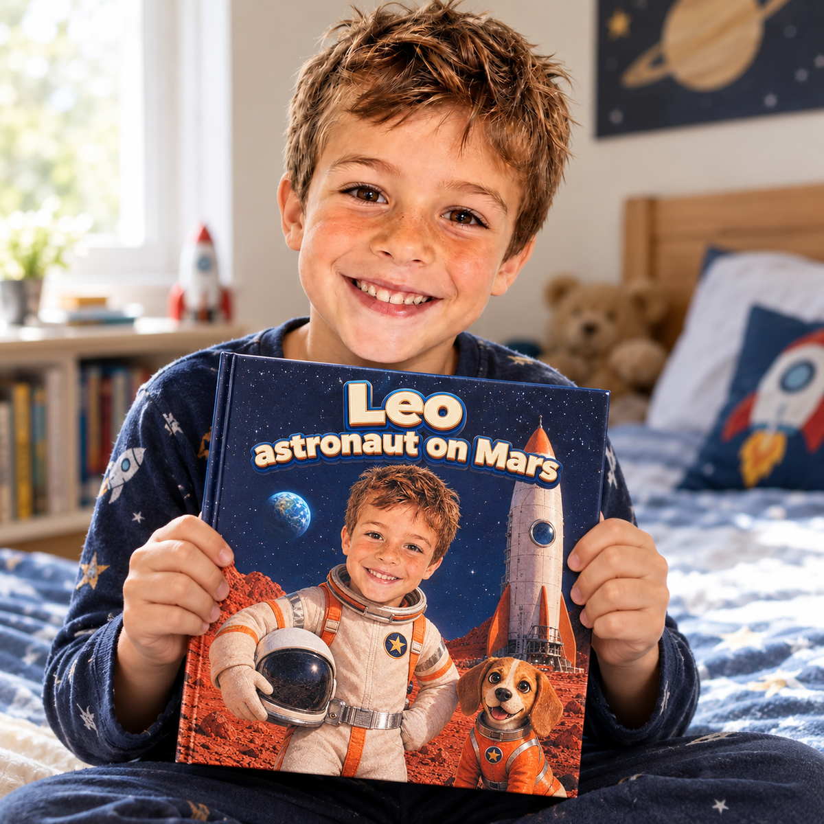 A child proudly holding their copy of “Astronaut on Mars”