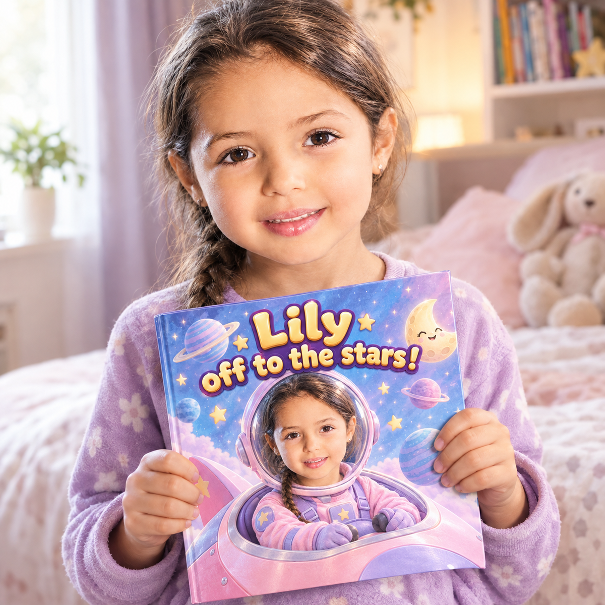 A child proudly holding their copy of “Off to the Stars”