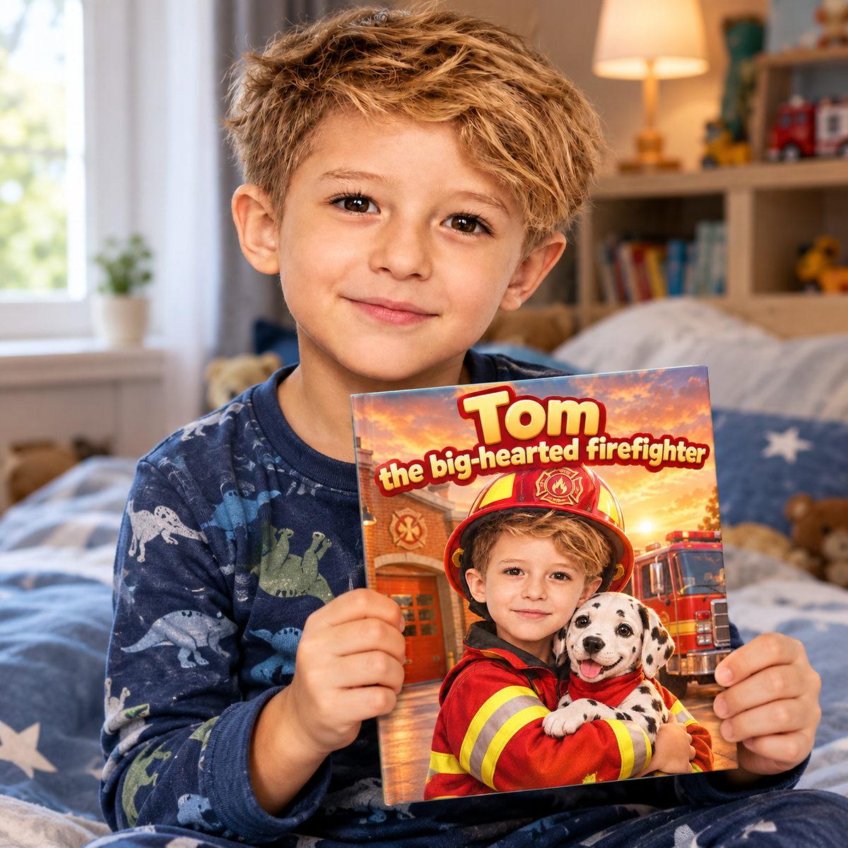A child proudly holding their copy of “The Big-Hearted Firefighter”