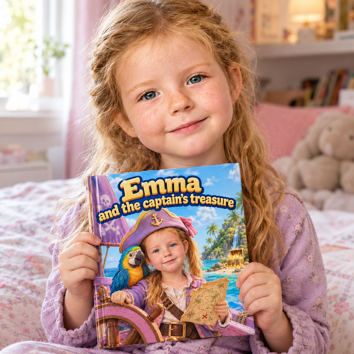 A child proudly holding their copy of “The Captain’s Treasure”