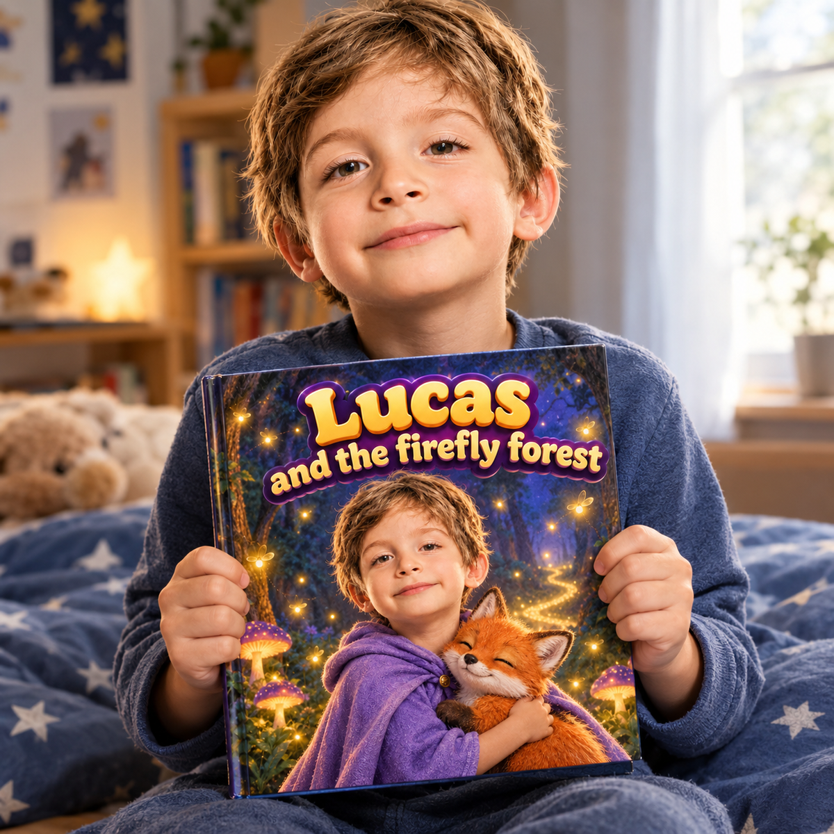 A child proudly holding their copy of “The Firefly Forest”