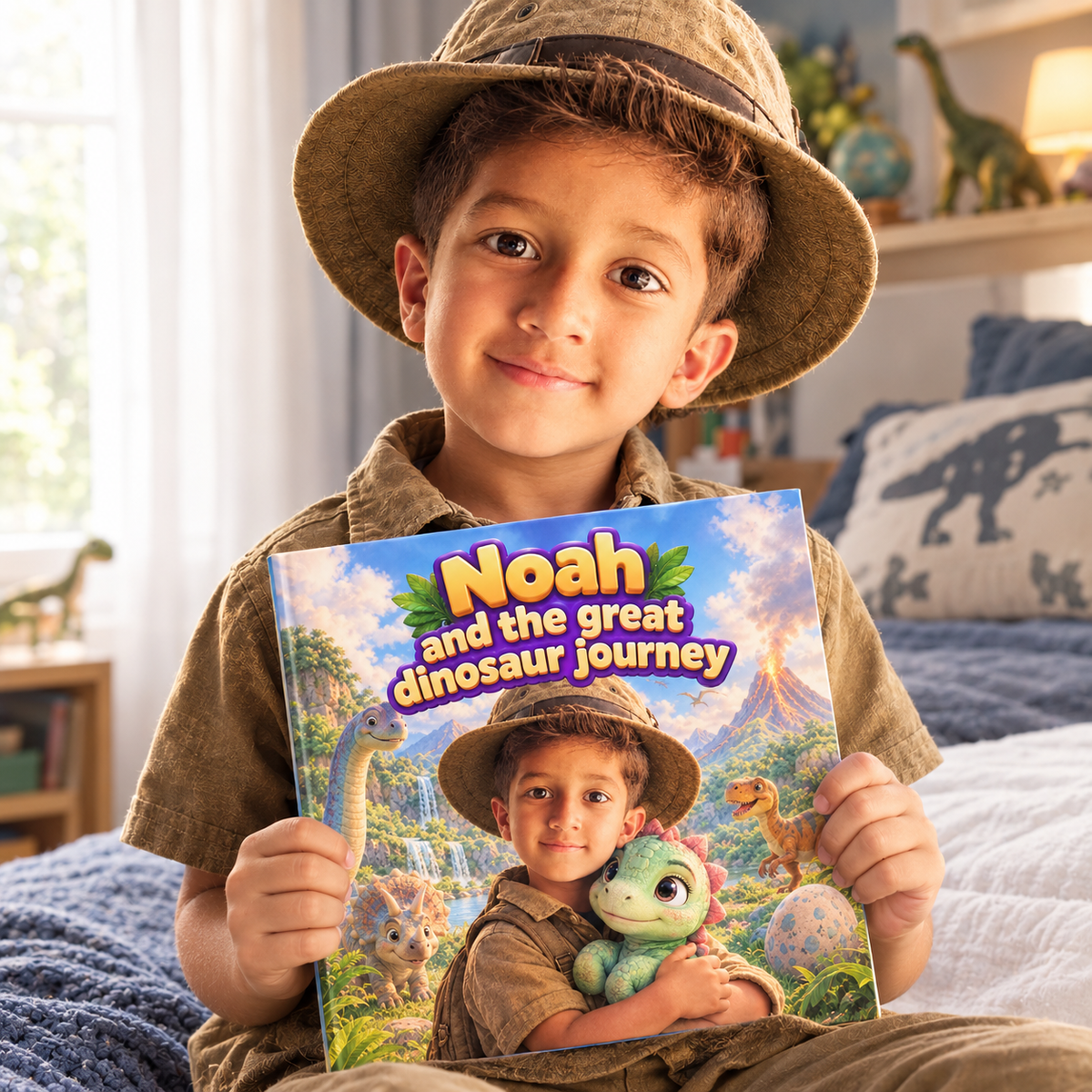 A child proudly holding their copy of “The Great Dinosaur Journey”