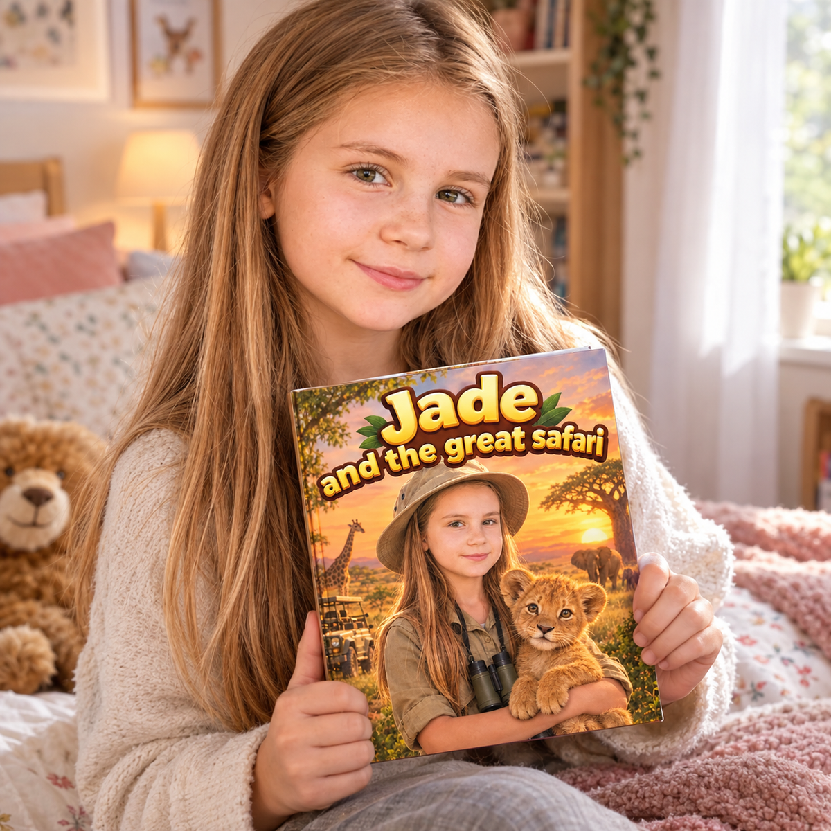 A child proudly holding their copy of “The Great Safari”