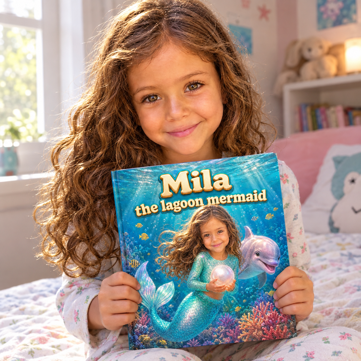 A child proudly holding their copy of “The Lagoon Mermaid”