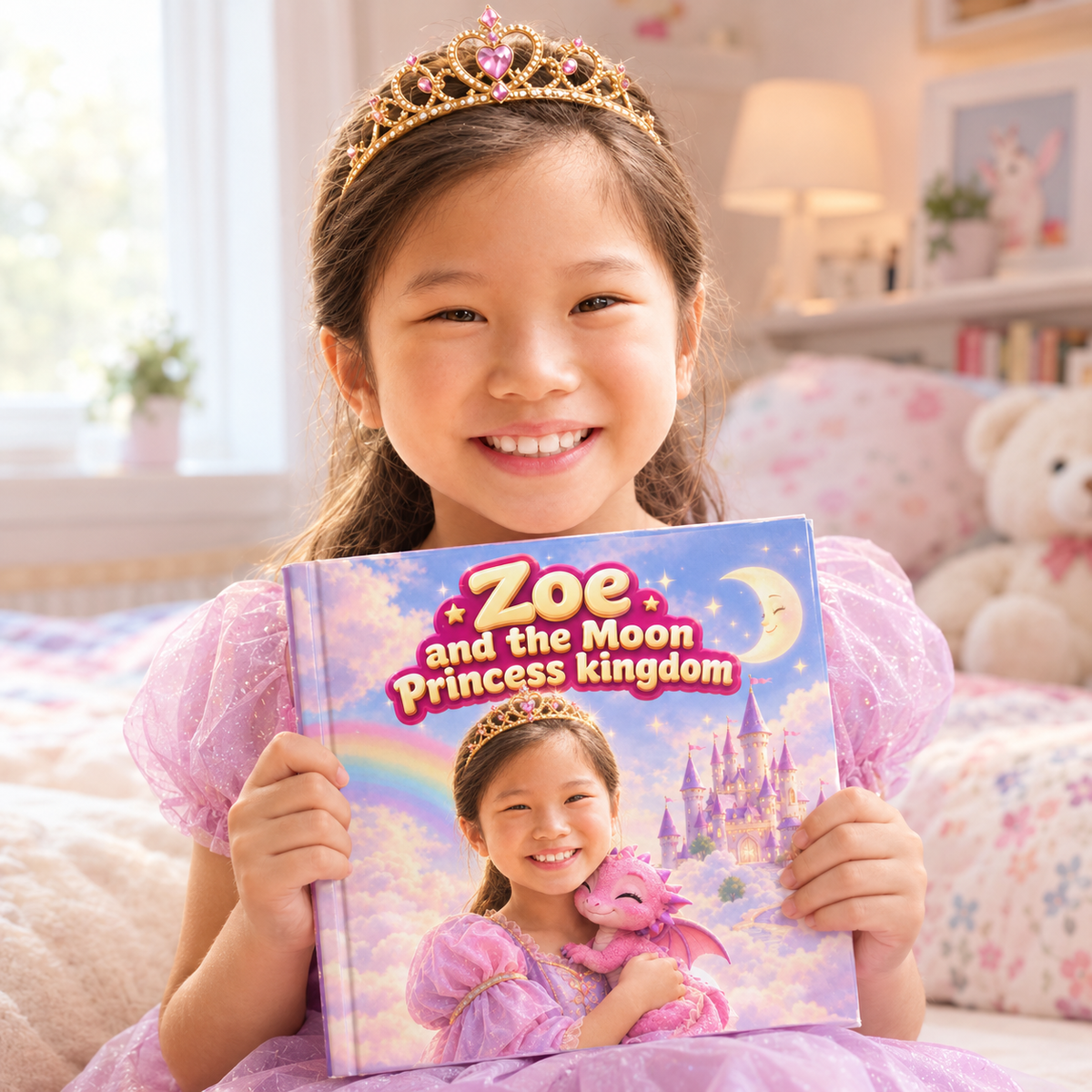A child proudly holding their copy of “The Moon Princess Kingdom”