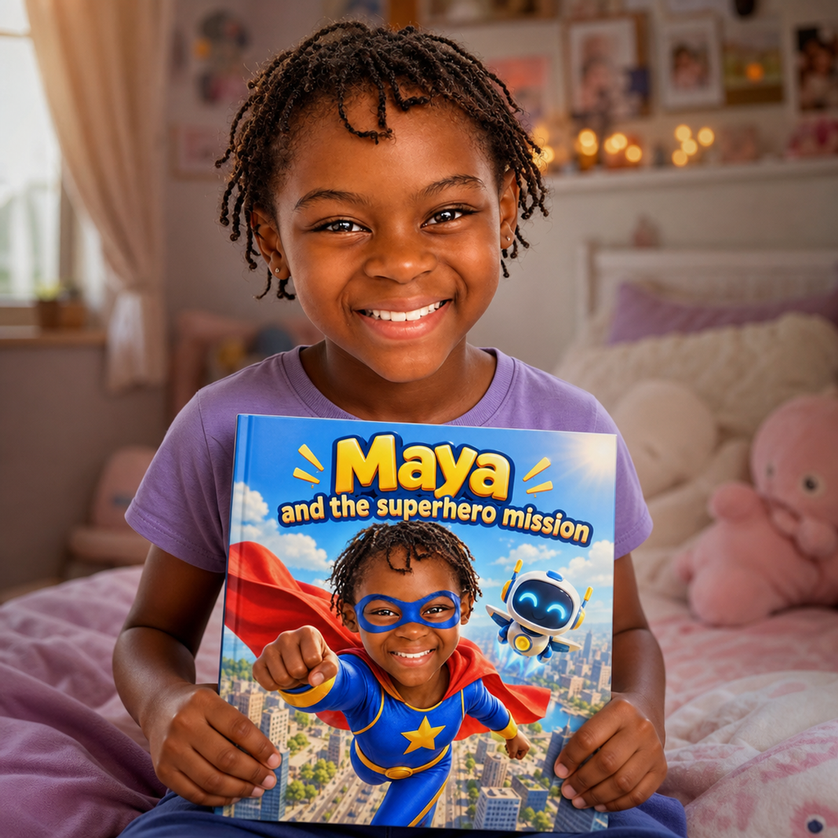 A child proudly holding their copy of “The Superhero Mission”