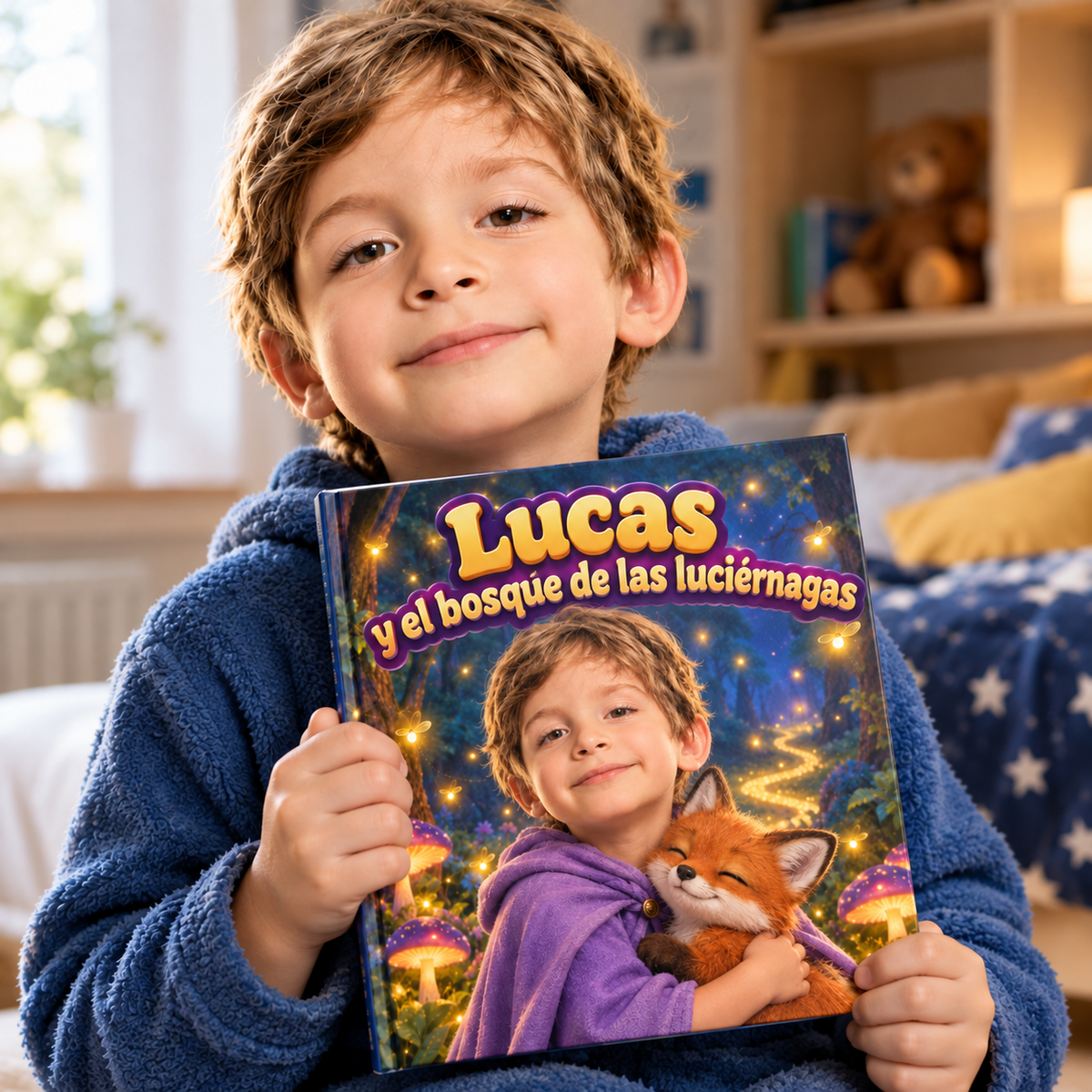 Un niño o una niña sostiene su libro «El bosque de las luciérnagas»