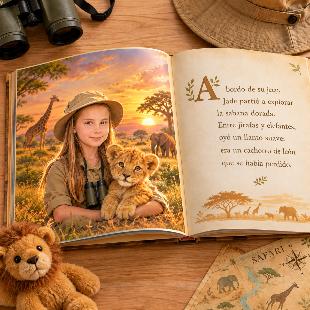 El libro «El gran safari» abierto por una doble página ilustrada