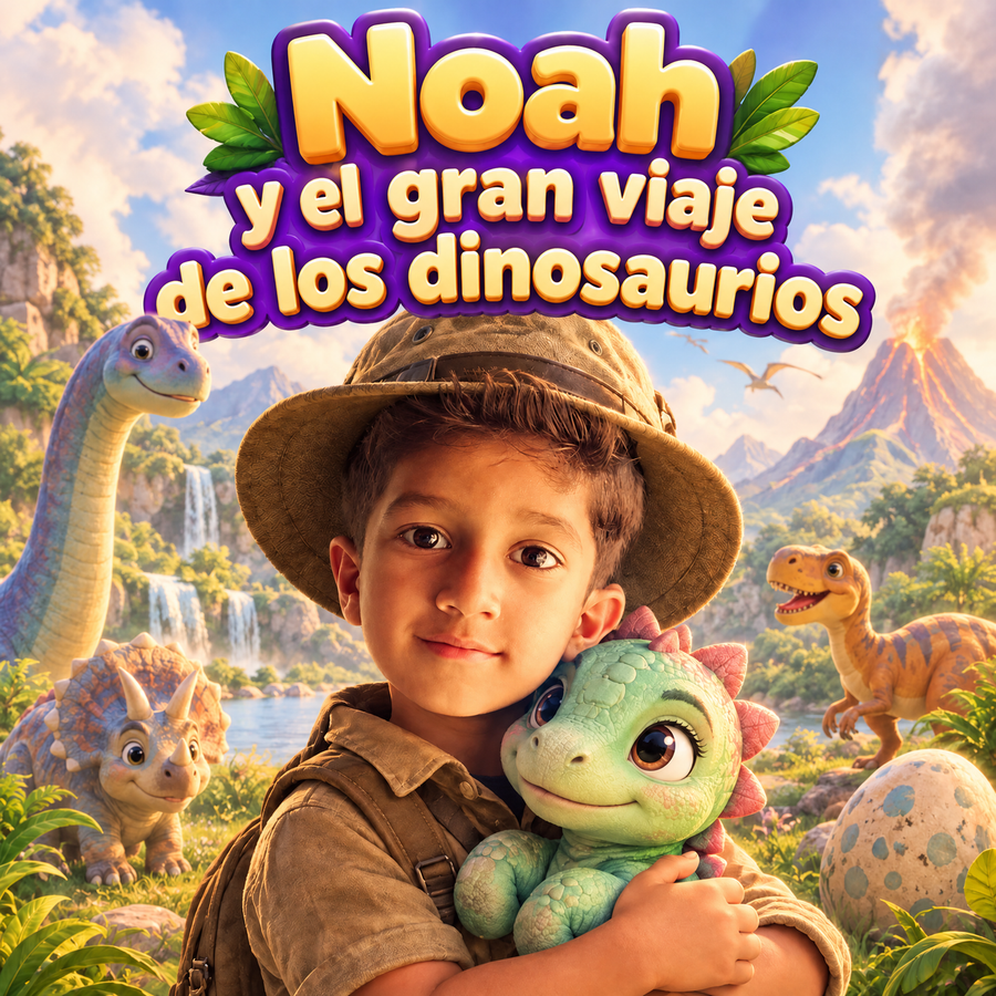 Portada del libro personalizado «El gran viaje de los dinosaurios»