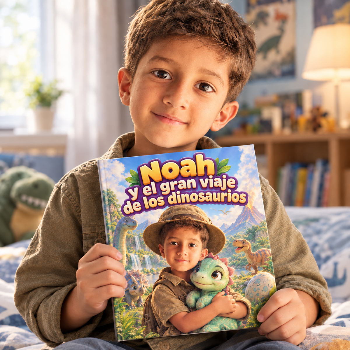 Un niño o una niña sostiene su libro «El gran viaje de los dinosaurios»