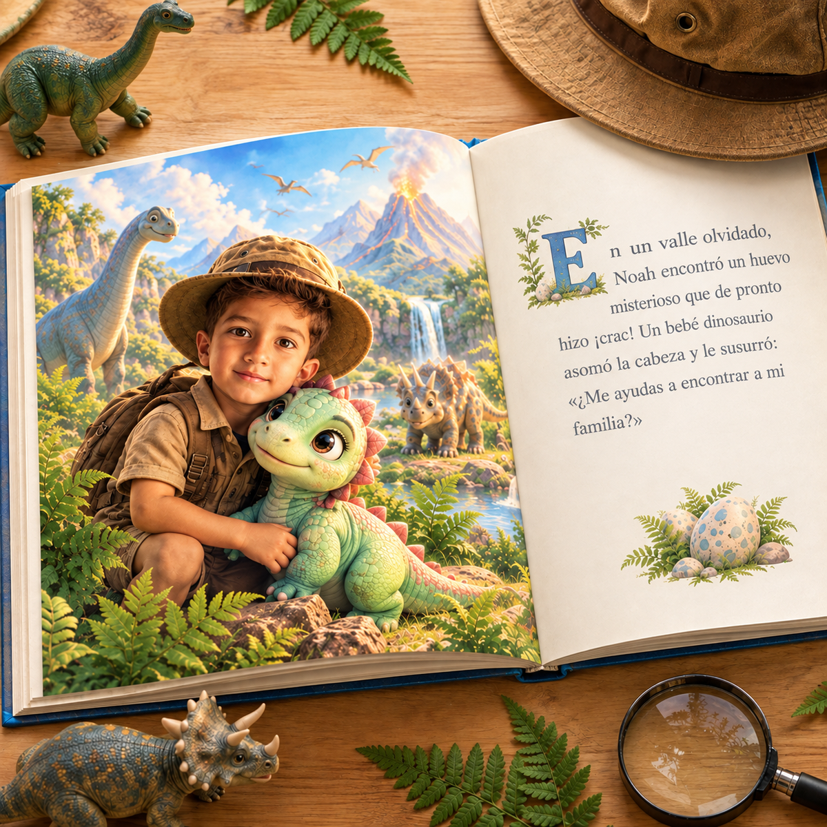 El libro «El gran viaje de los dinosaurios» abierto por una doble página ilustrada