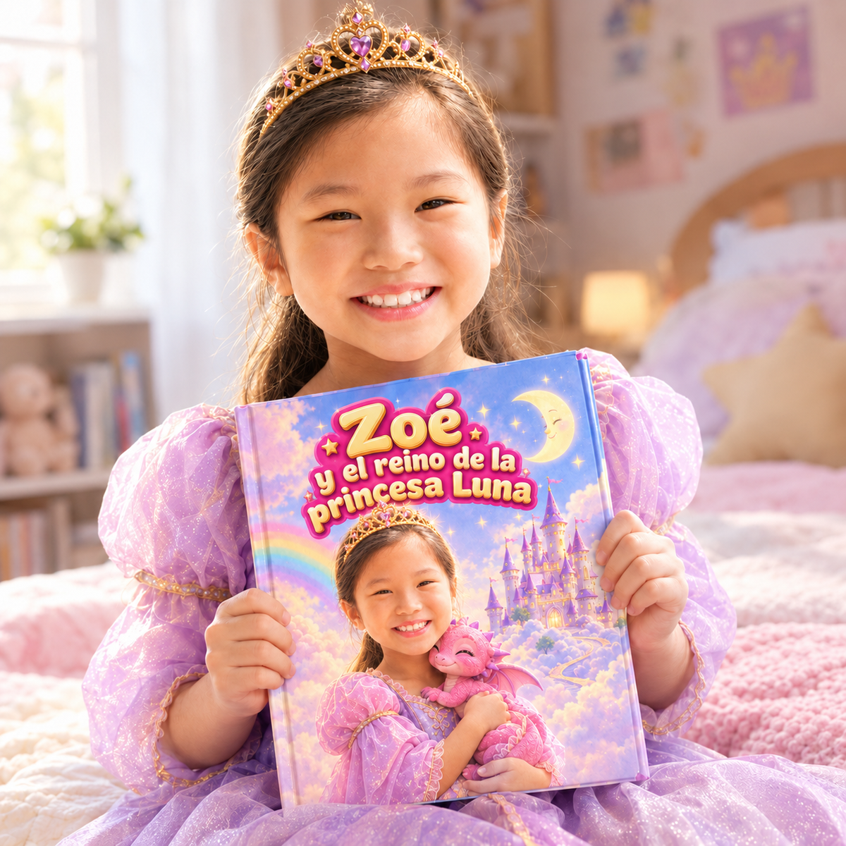 Un niño o una niña sostiene su libro «El reino de la princesa Luna»