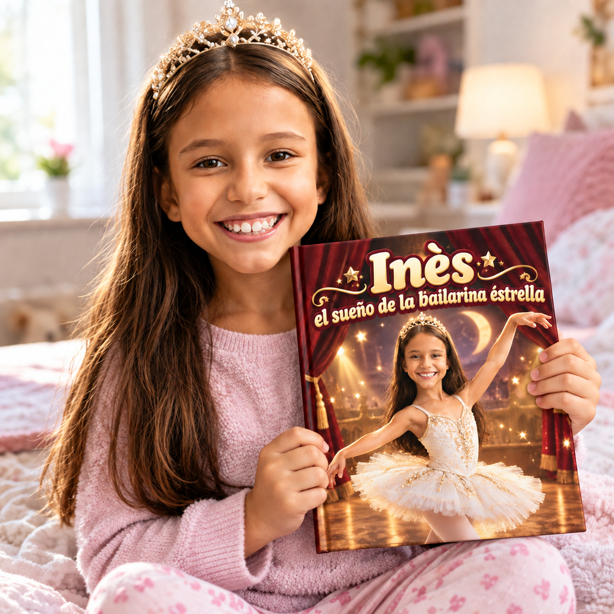 Un niño o una niña sostiene su libro «El sueño de la bailarina estrella»