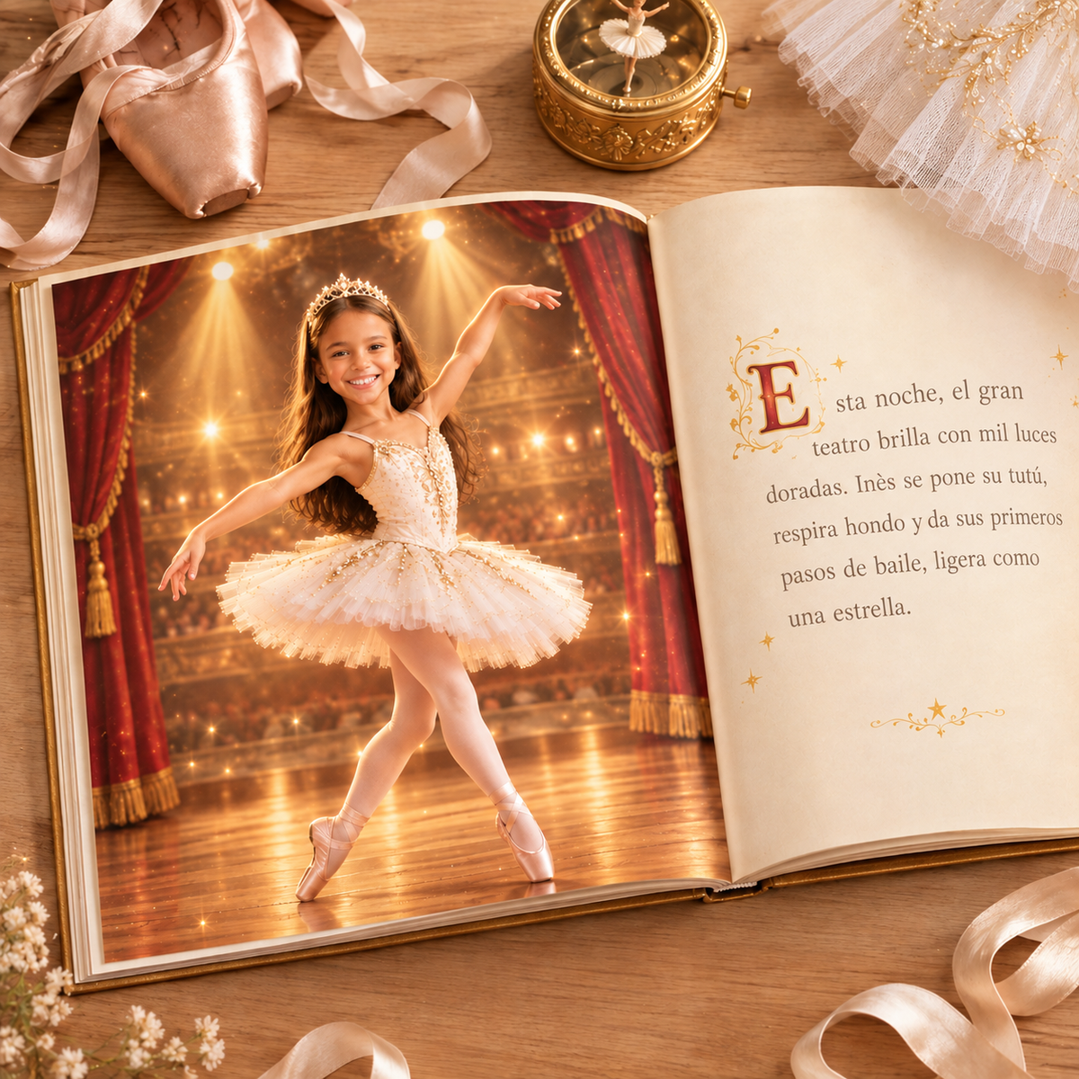 El libro «El sueño de la bailarina estrella» abierto por una doble página ilustrada