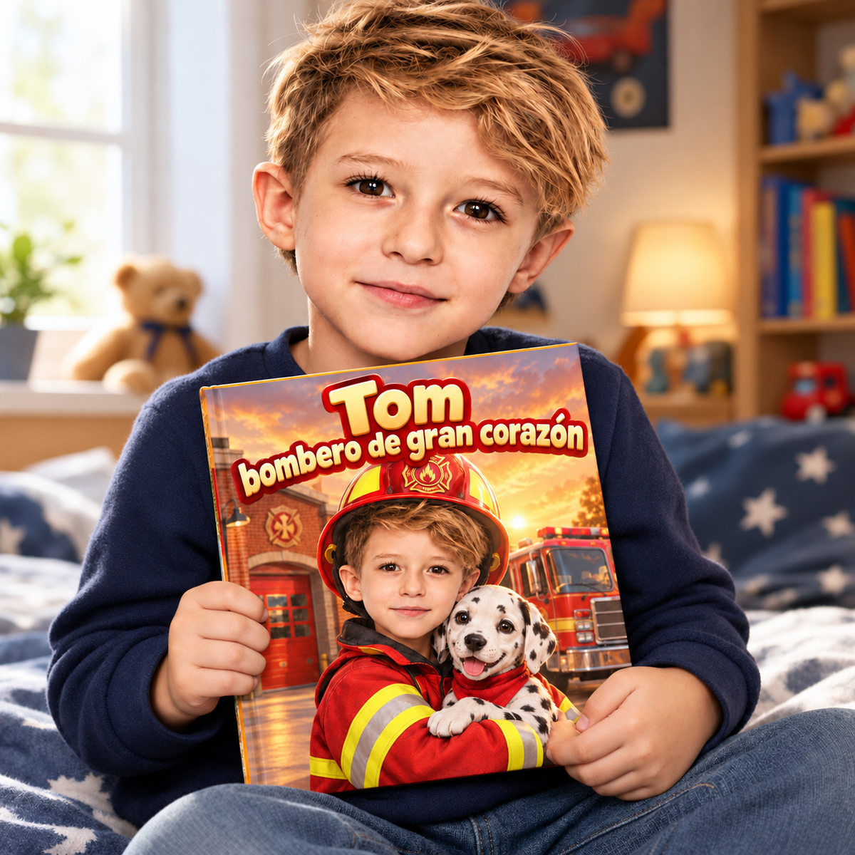 Un niño sostiene con orgullo su libro «Bombero de gran corazón»