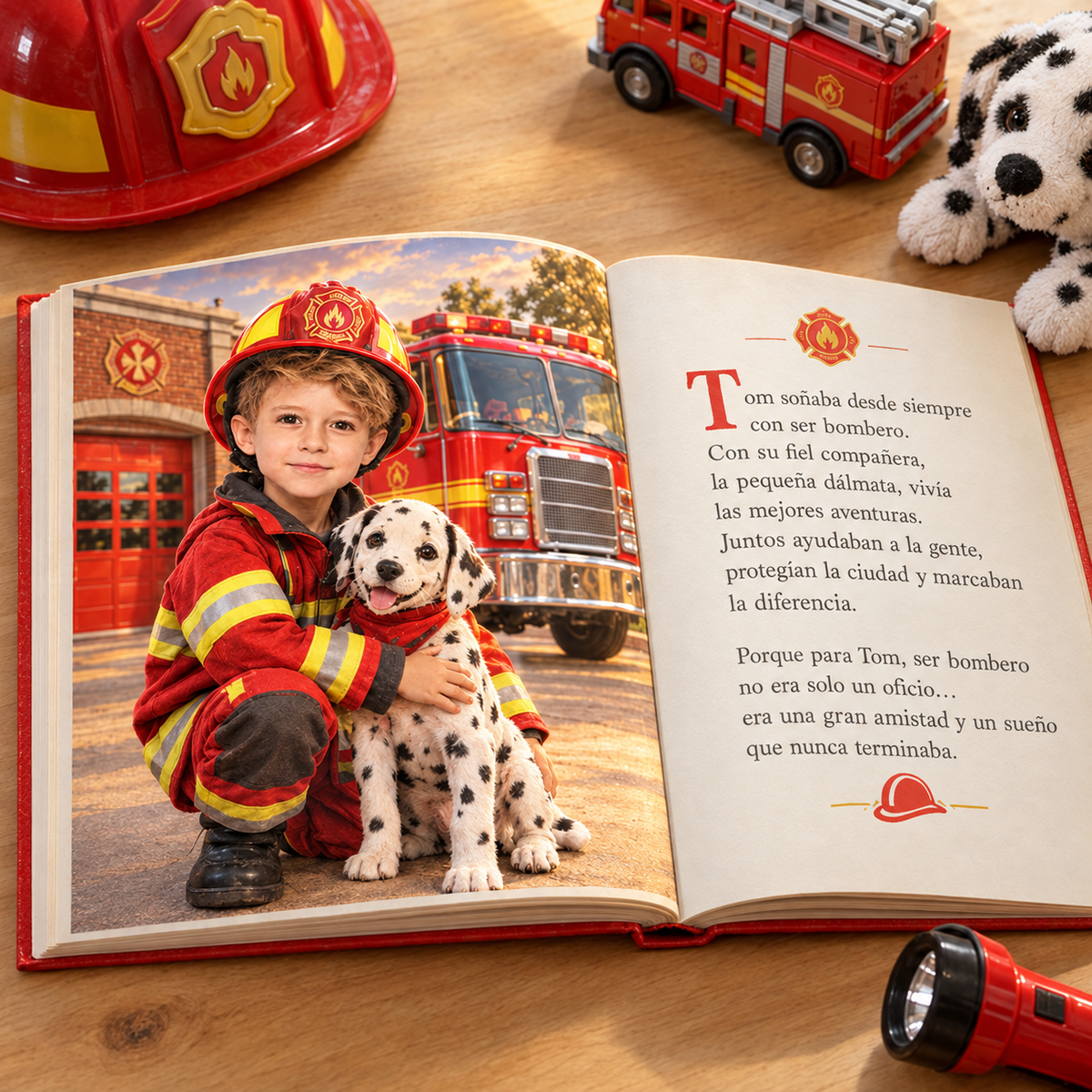 El libro «Bombero de gran corazón» abierto por una doble página ilustrada
