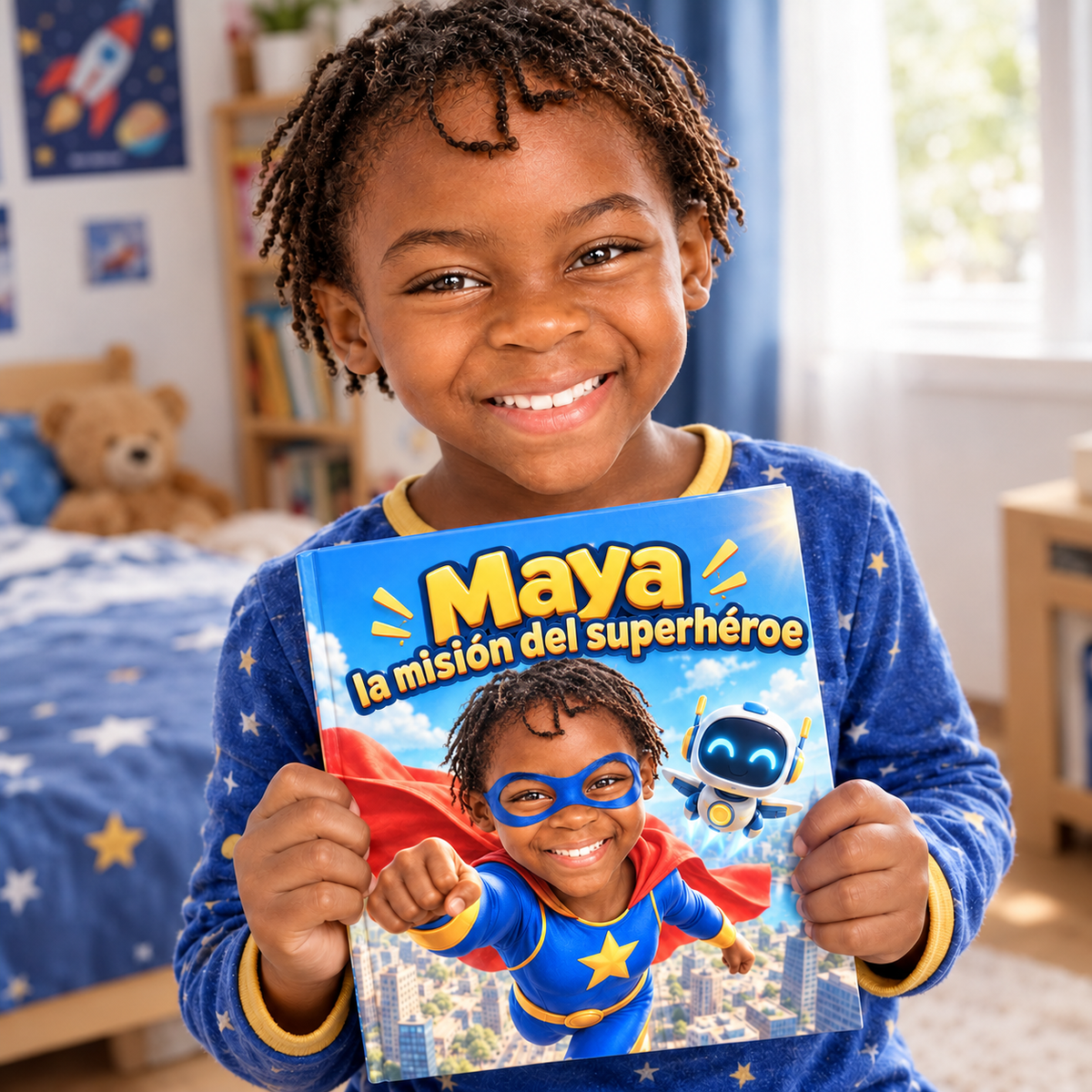 Un niño o una niña sostiene su libro «La misión del superhéroe»