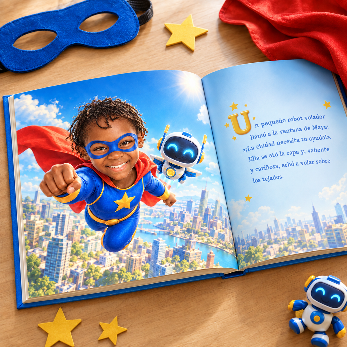 El libro «La misión del superhéroe» abierto por una doble página ilustrada
