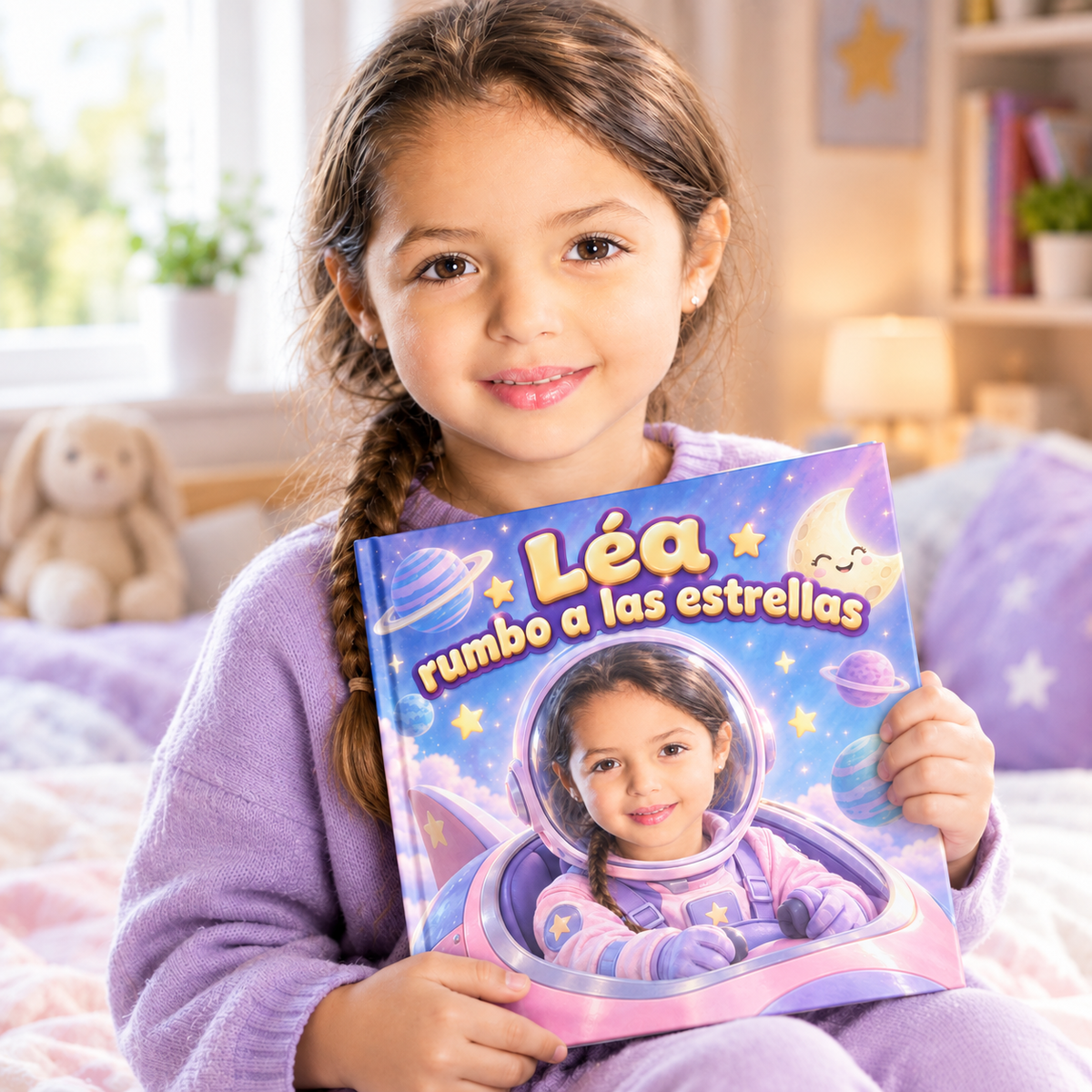 Un niño o una niña sostiene su libro «Rumbo a las estrellas»
