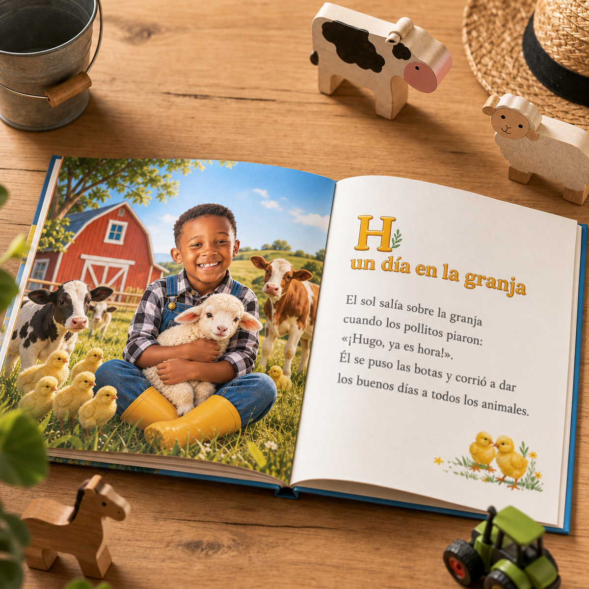 El libro «Un día en la granja» abierto por una doble página ilustrada