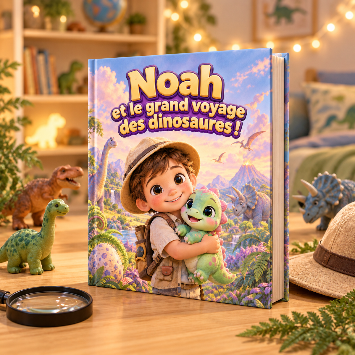 Le livre « Le Grand Voyage des dinosaures » posé sur une table, mise en scène