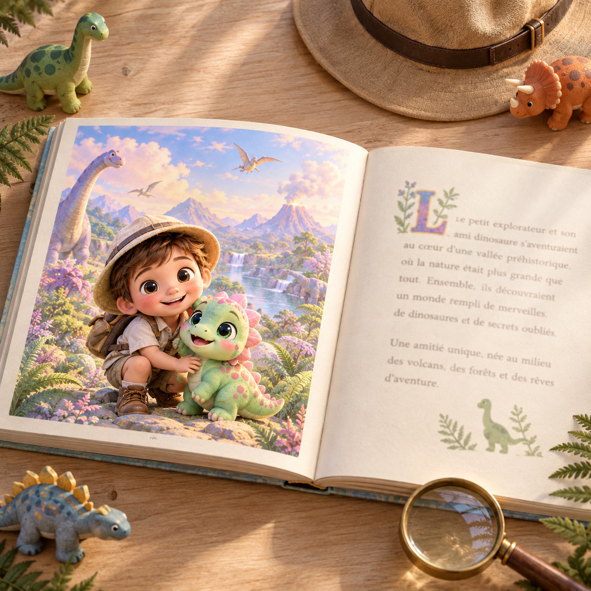 Le livre « Le Grand Voyage des dinosaures » ouvert sur une double page illustrée