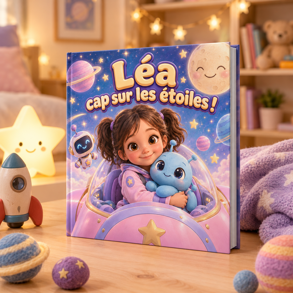 Le livre « Cap sur les étoiles » posé sur une table, mise en scène