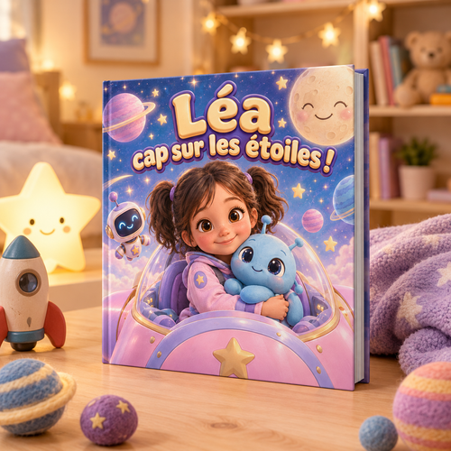 Le livre « Cap sur les étoiles » posé sur une table, mise en scène