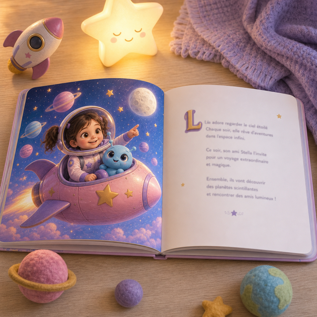 Le livre « Cap sur les étoiles » ouvert sur une double page illustrée