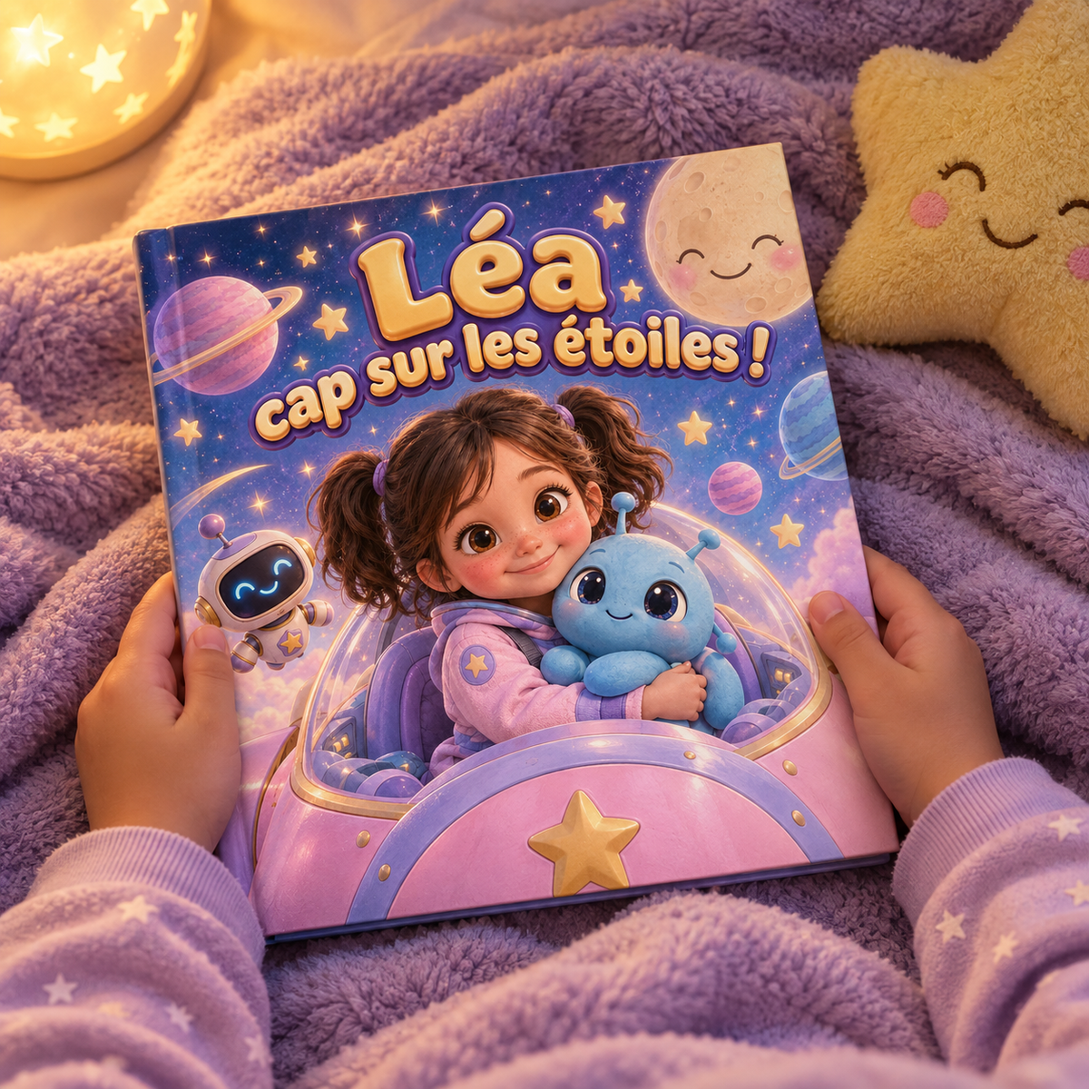 Un enfant tient fièrement son livre « Cap sur les étoiles »