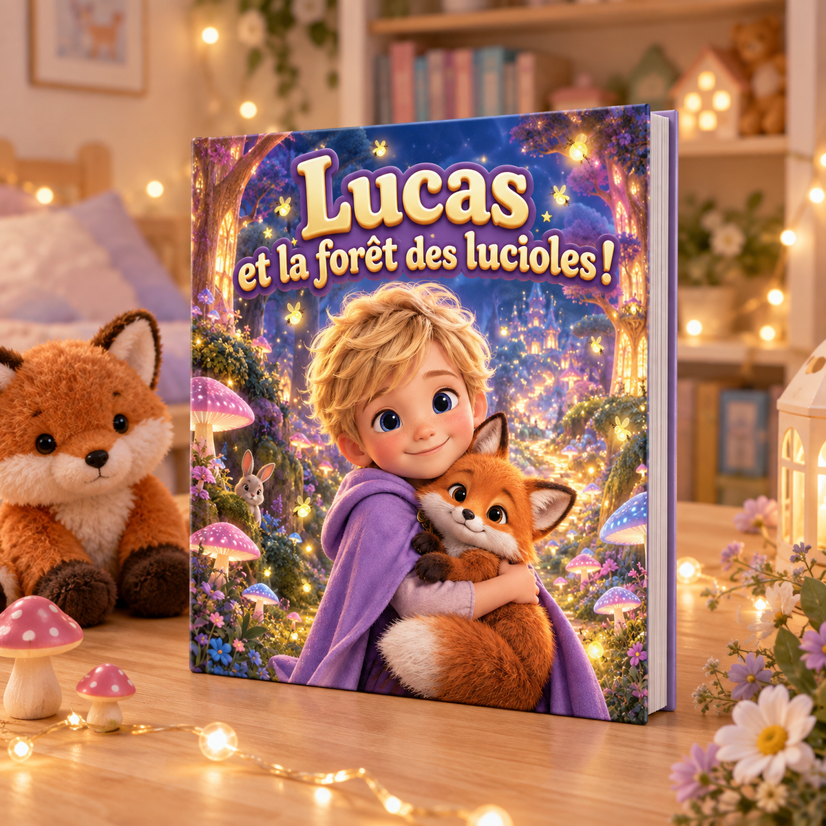 Le livre « La Forêt des lucioles » posé sur une table, mise en scène