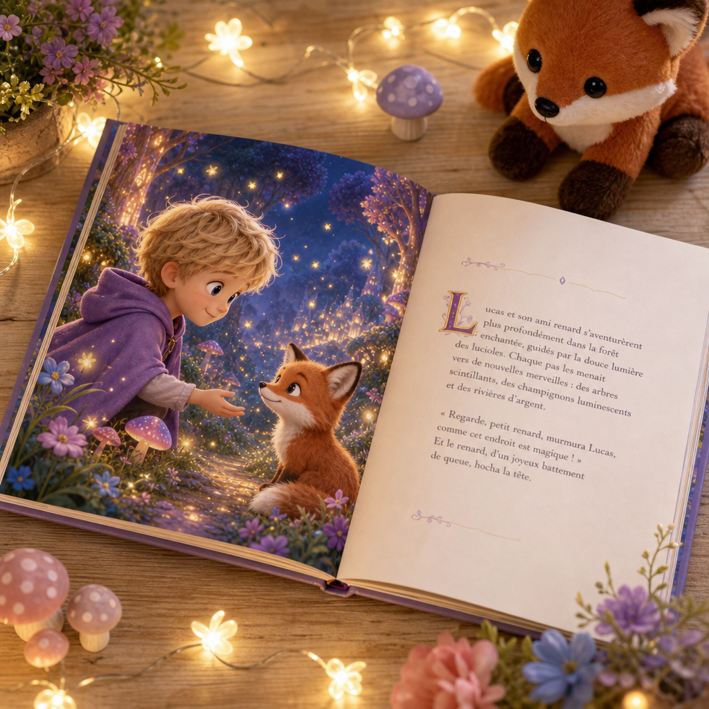Le livre « La Forêt des lucioles » ouvert sur une double page illustrée