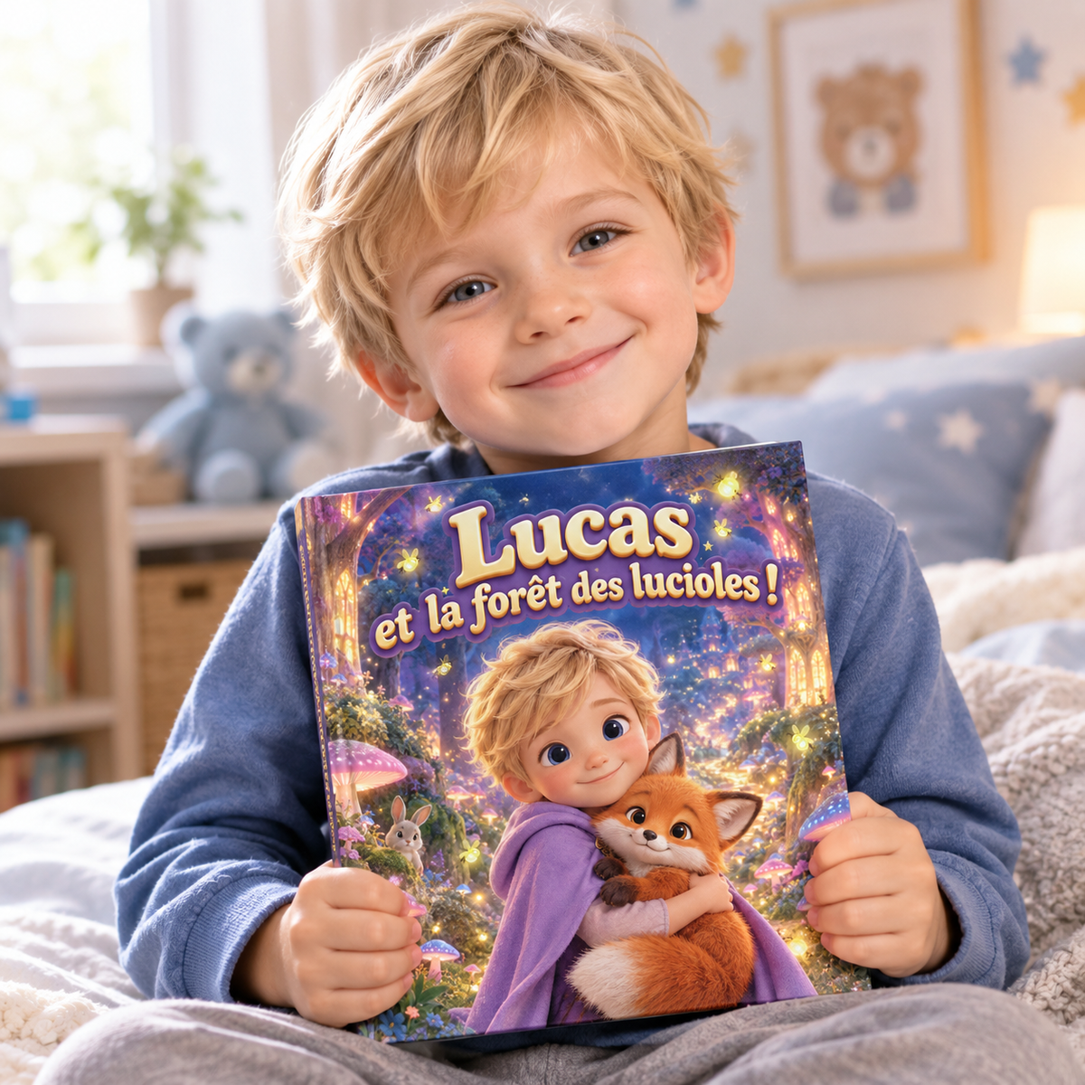 Un enfant tient fièrement son livre « La Forêt des lucioles »