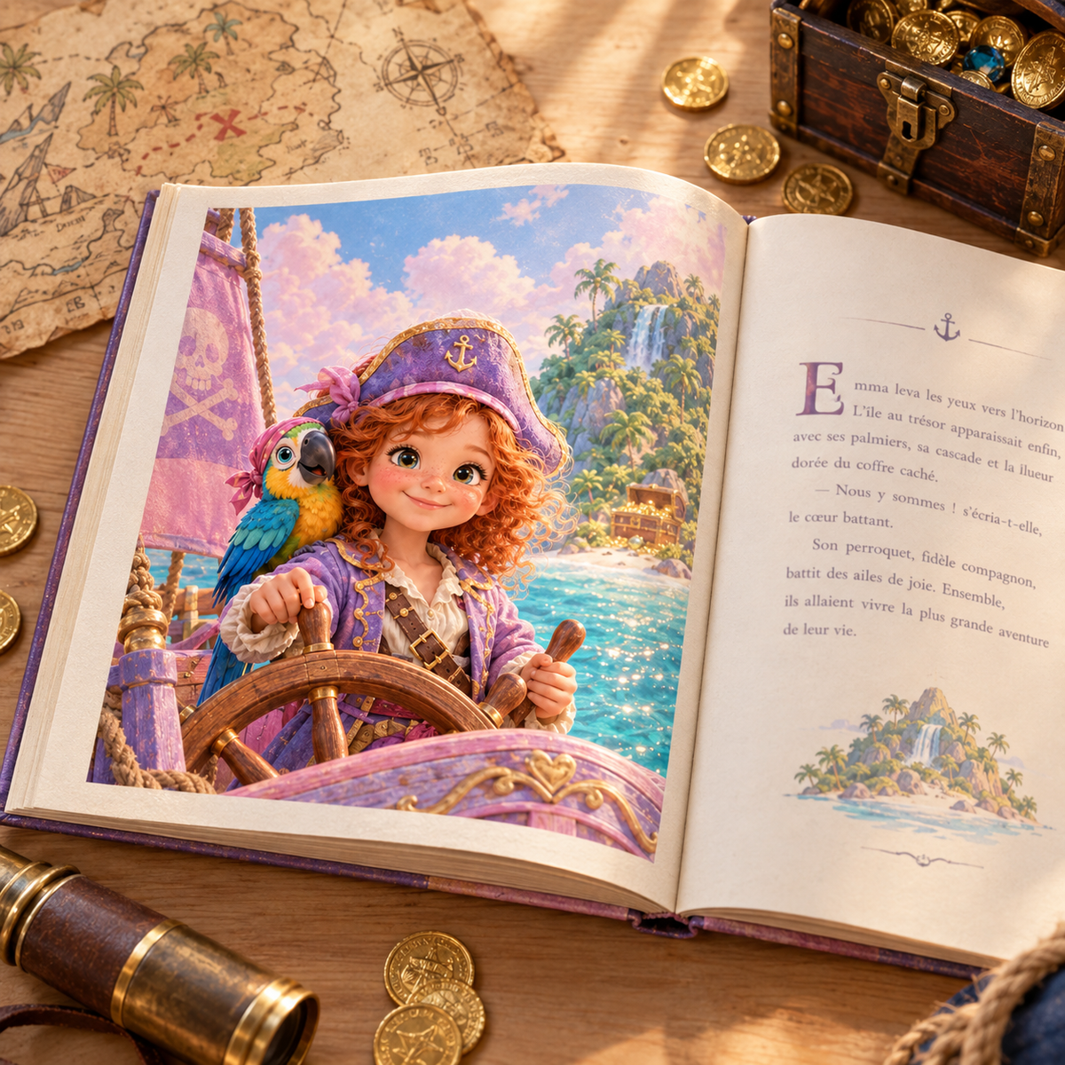 Le livre « Le Trésor du capitaine » ouvert sur une double page illustrée