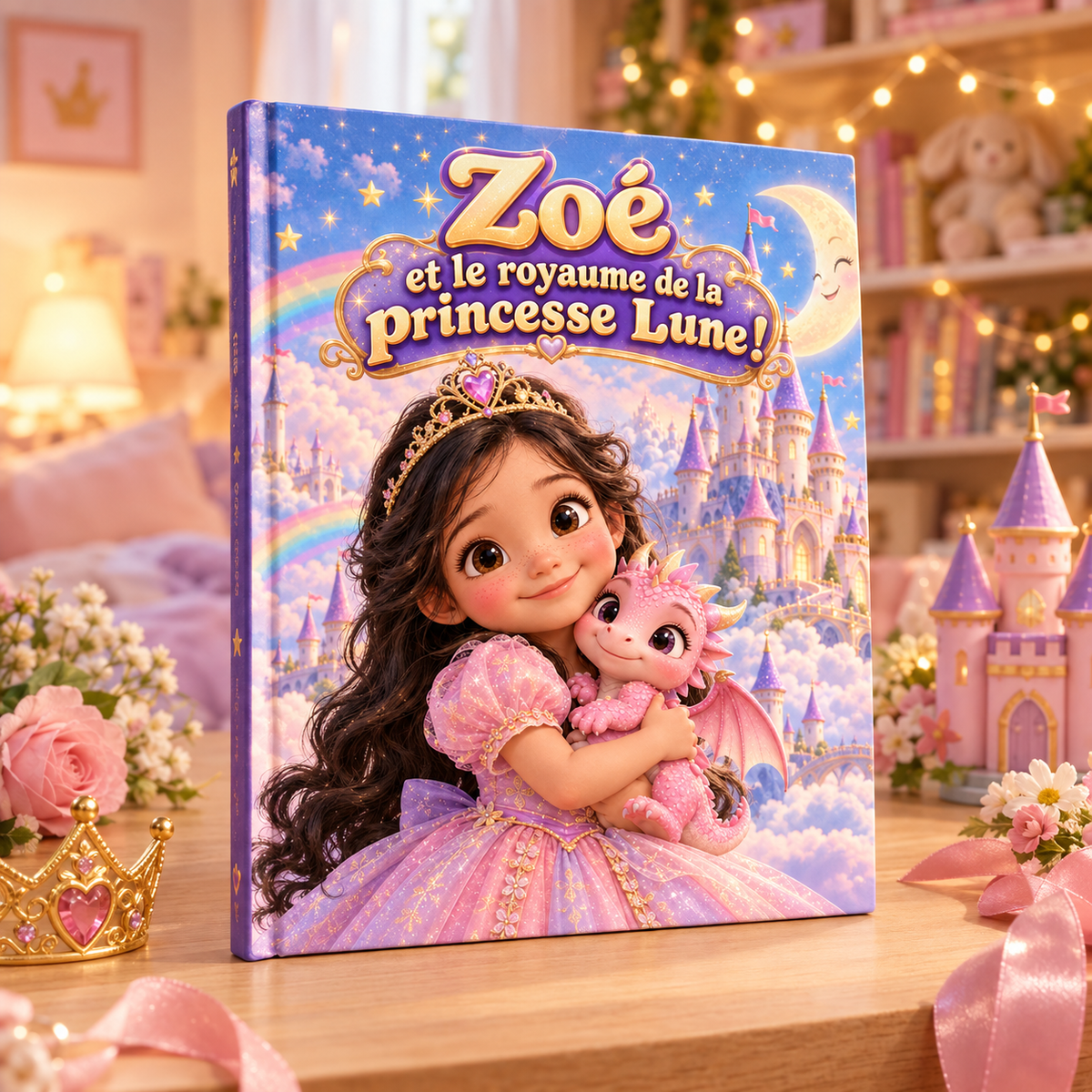 Le livre « Le Royaume de la princesse Lune » posé sur une table, mise en scène