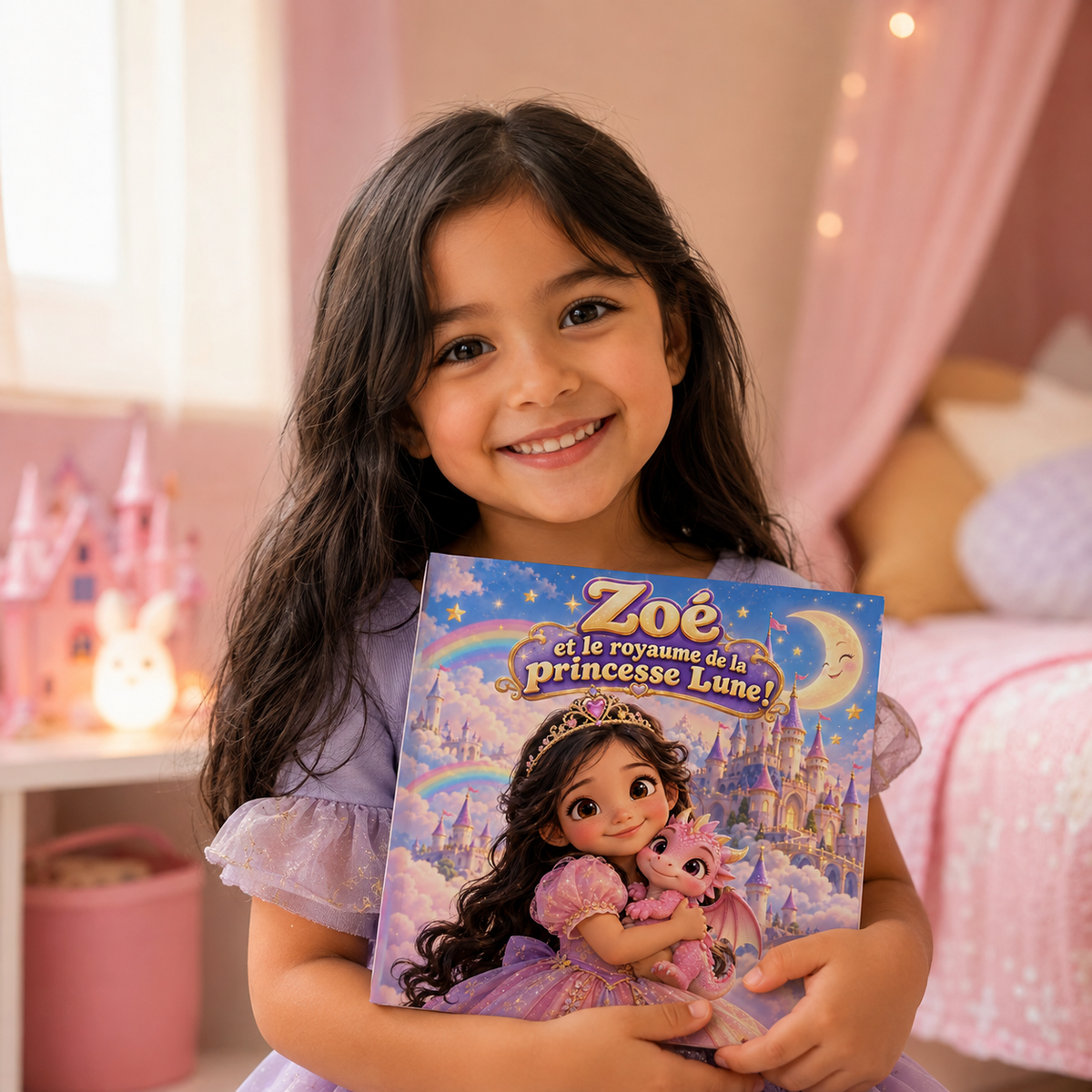 Un enfant tient fièrement son livre « Le Royaume de la princesse Lune »