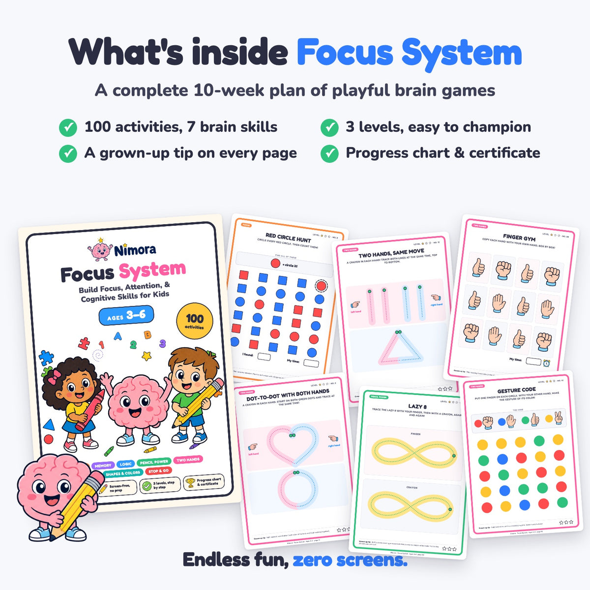 What's inside Focus System: 100 activities, 7 brain skills, 3 levels