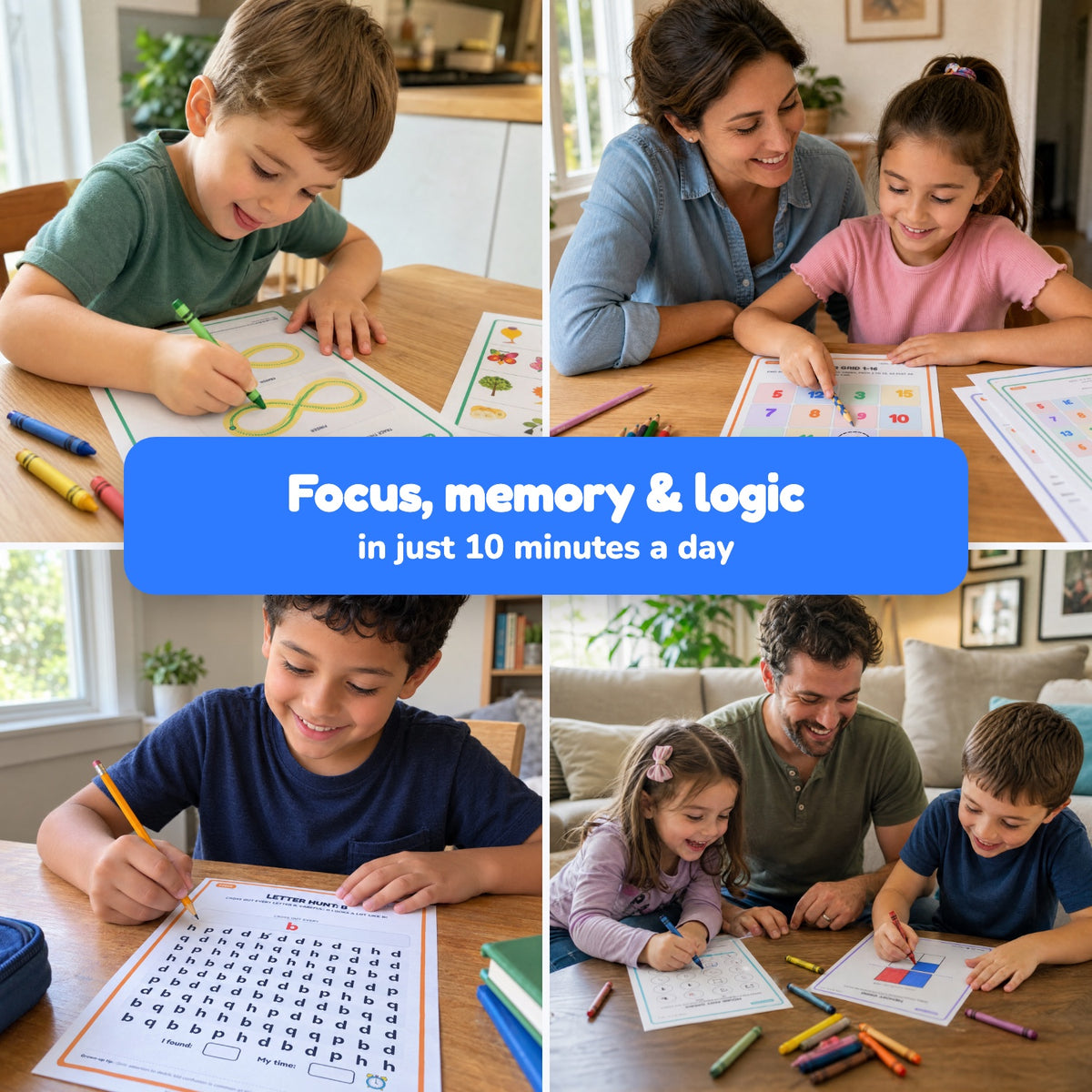 Kids and parents doing Focus System pages at home