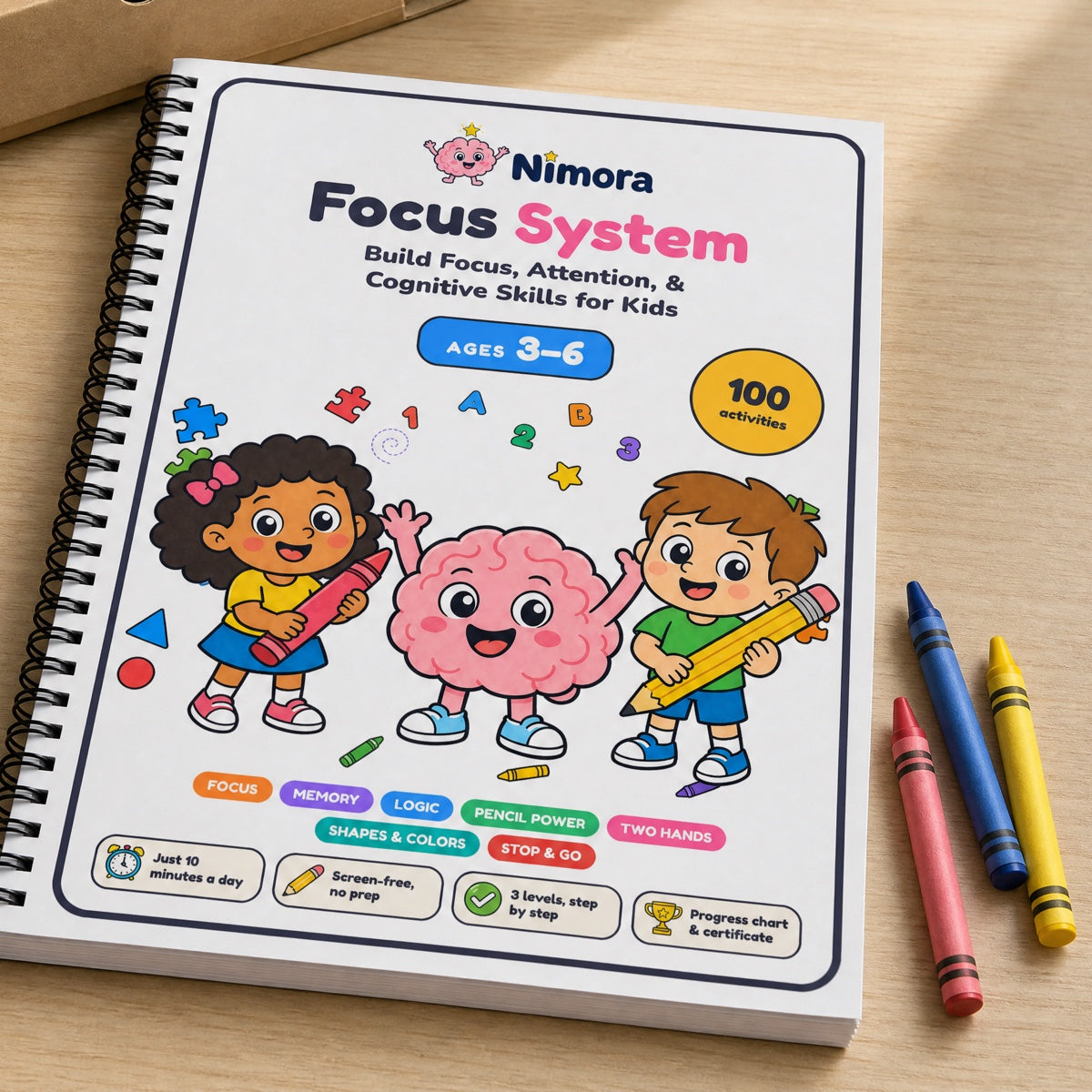 Printed workbook, ages 3–6: spiral-bound, full color