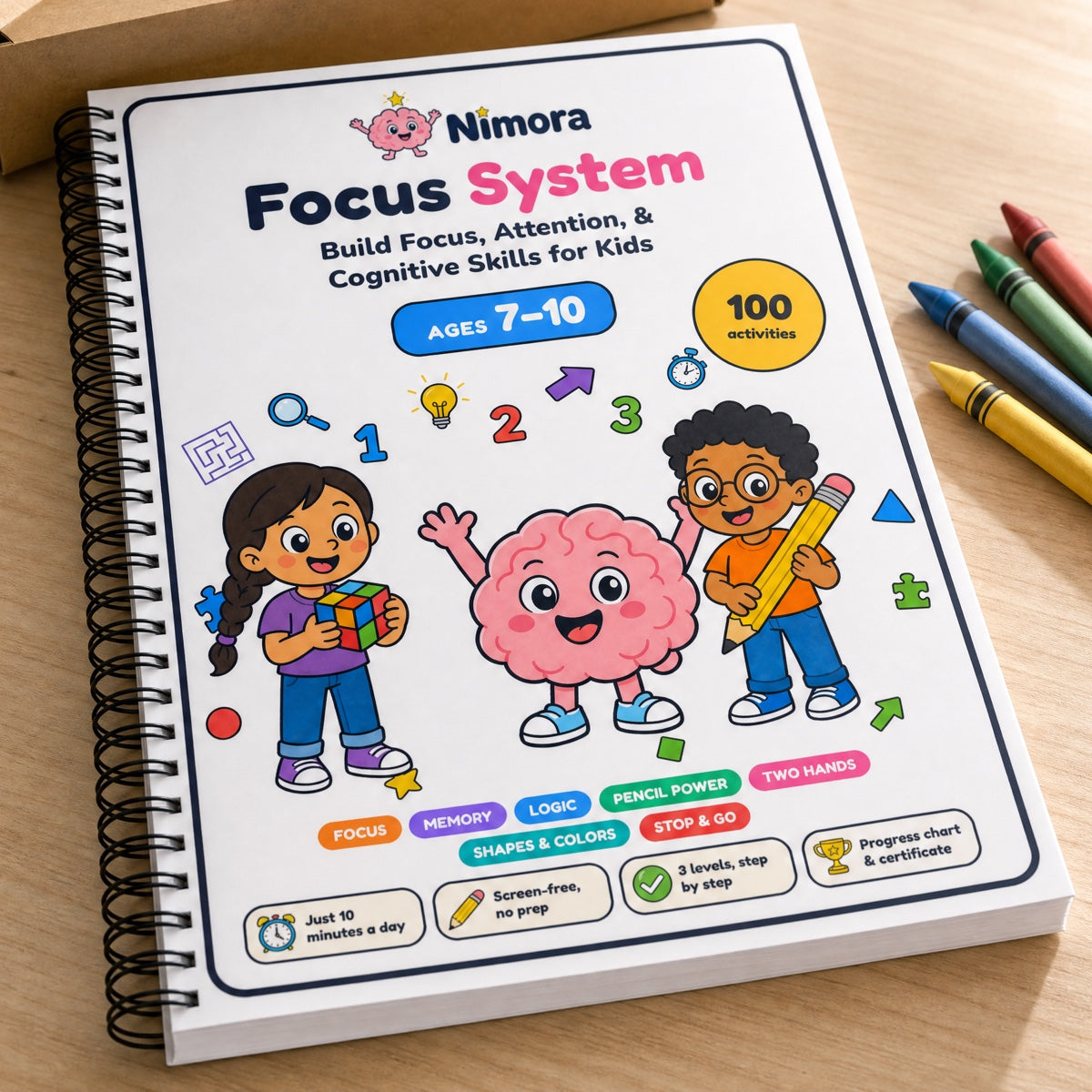 Printed workbook, ages 7–10: spiral-bound, full color