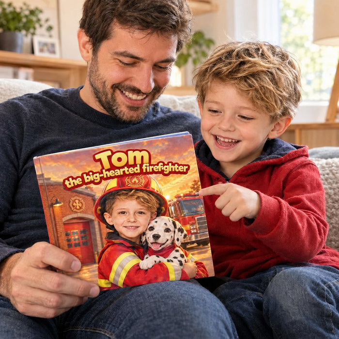 A dad and his son discover the book “The Big-Hearted Firefighter”