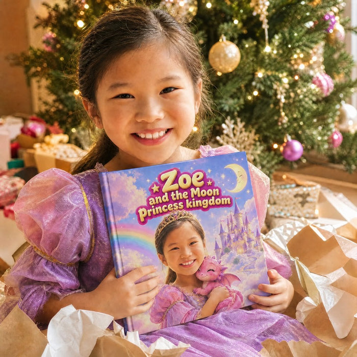 A little girl hugs her book “The Moon Princess Kingdom”