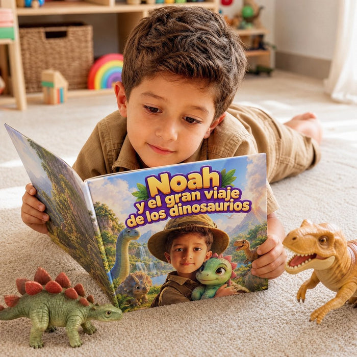 Un niño hojea su libro «El gran viaje de los dinosaurios»