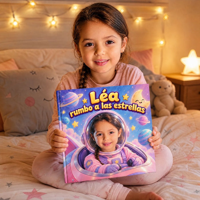Una niña en pijama sostiene su libro «Rumbo a las estrellas»